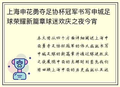 上海申花勇夺足协杯冠军书写申城足球荣耀新篇章球迷欢庆之夜今宵